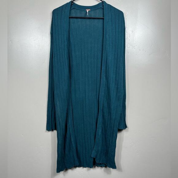 Free People Ribby Rib Cardigan Duster Teal Blue Green Long Sweater - XS - Picture 2 of 7